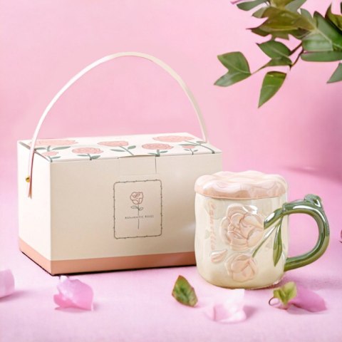 Perłowy Kubek z Pokrywką 450 ml Róże + Pudełko na Prezent KB02R Perłowy Kubek z Pokrywką 450 ml Róże + Pudełko na Prezent KB02R
