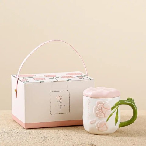 Perłowy Kubek z Pokrywką 450 ml Róże + Pudełko na Prezent KB02R Perłowy Kubek z Pokrywką 450 ml Róże + Pudełko na Prezent KB02R